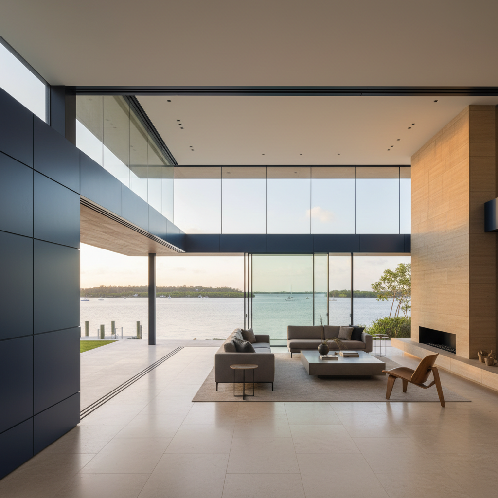 Architectural photograph of a modern waterfront luxury residence on Longboat Key, Florida, captured during soft golden hour light. Contemporary floor-to-ceiling glass design openin