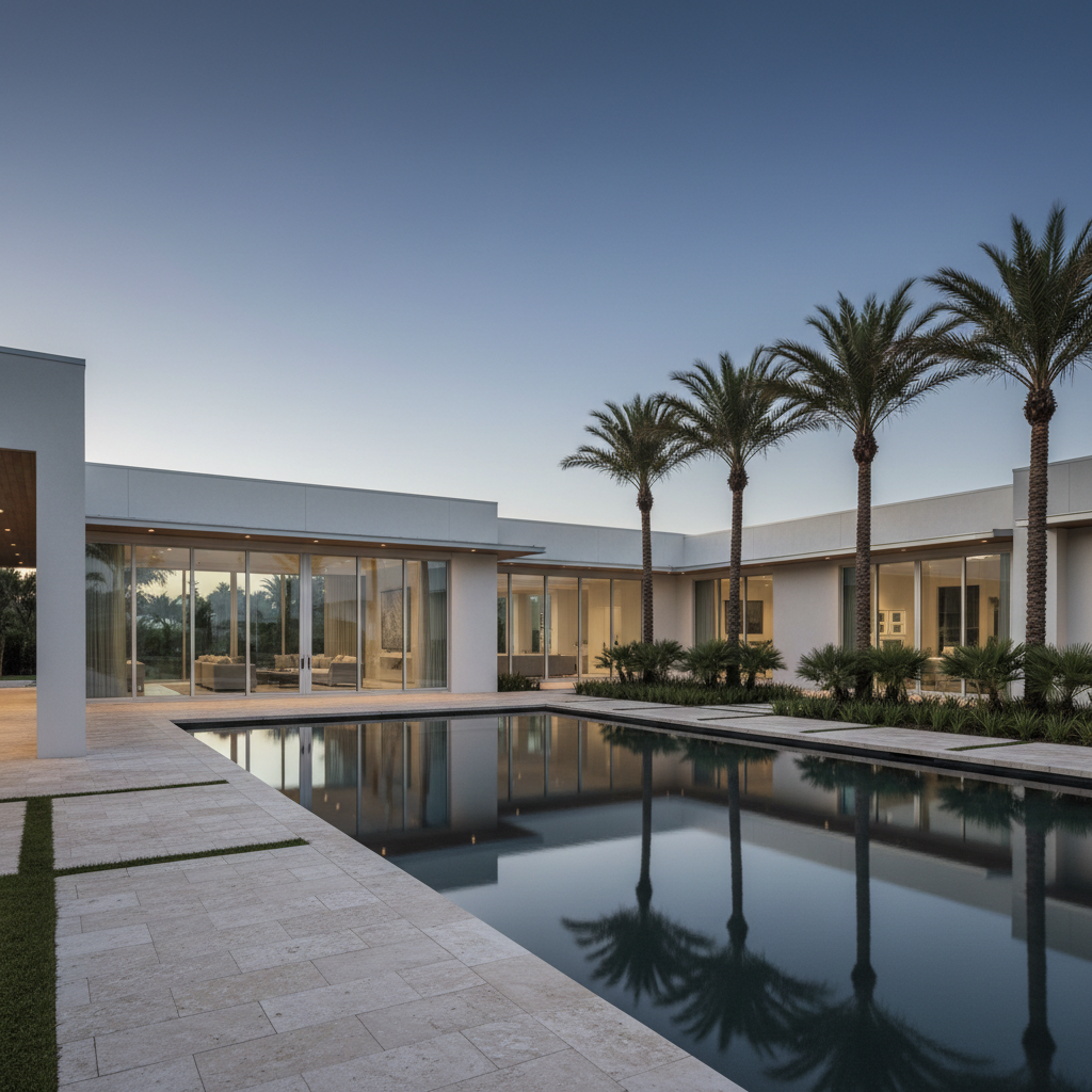 Architectural exterior photography of a coastal luxury estate in Naples, Florida. Soft natural twilight lighting illuminating smooth white stucco, limestone pavers, floor-to-ceilin