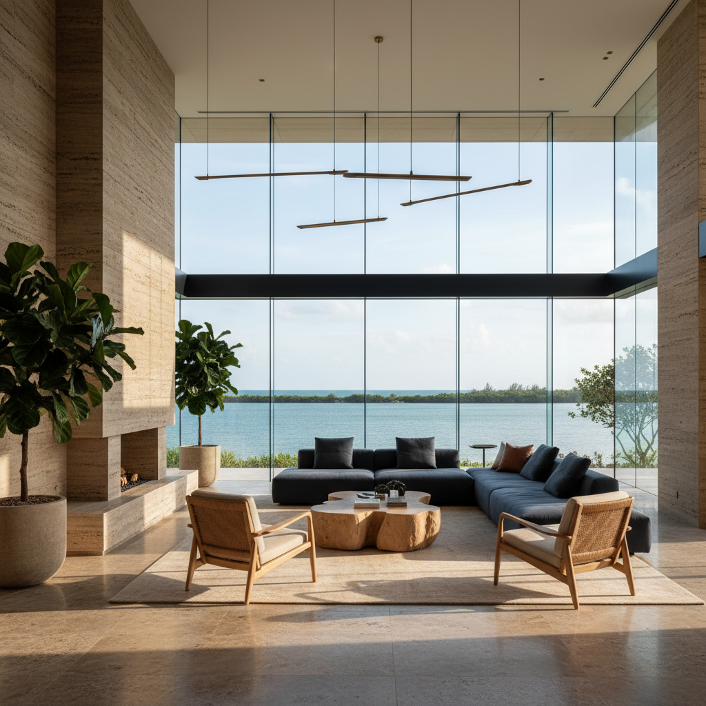 Architectural interior photograph of a modern luxury estate living area in South Florida, featuring floor-to-ceiling glass windows overlooking calm coastal water, natural stone fin