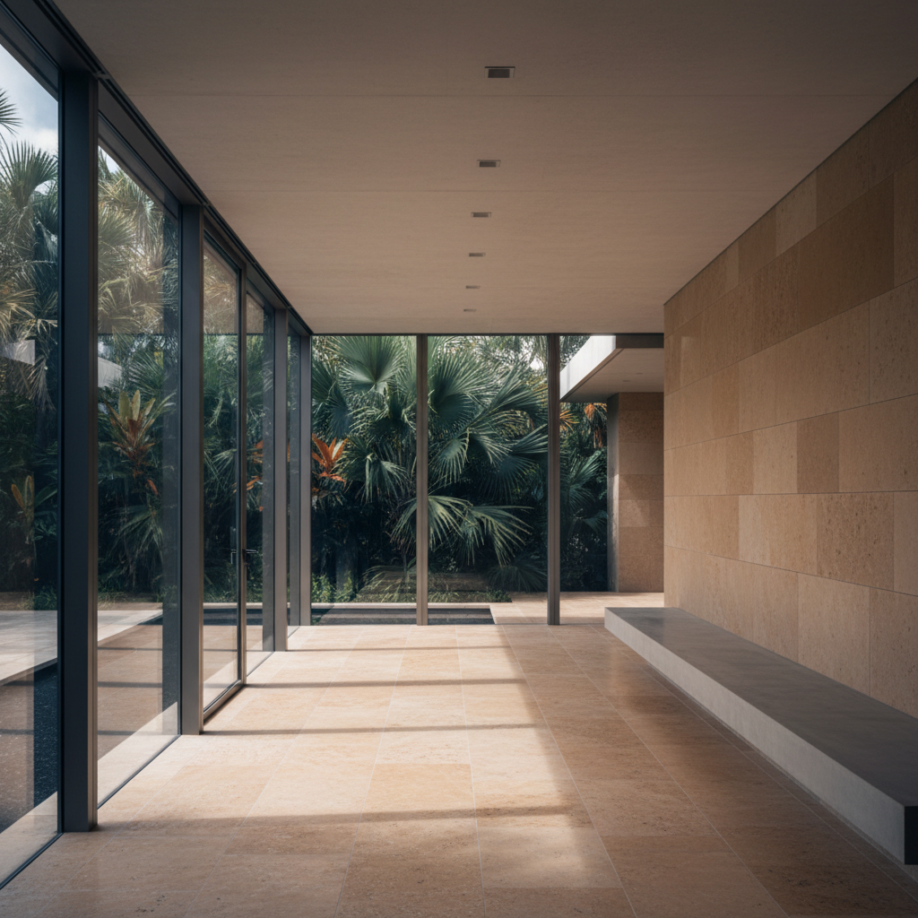 Architectural photograph of a modern minimalist residential loggia in South Florida, featuring warm limestone flooring, natural sunlight filtering through floor-to-ceiling glass, s