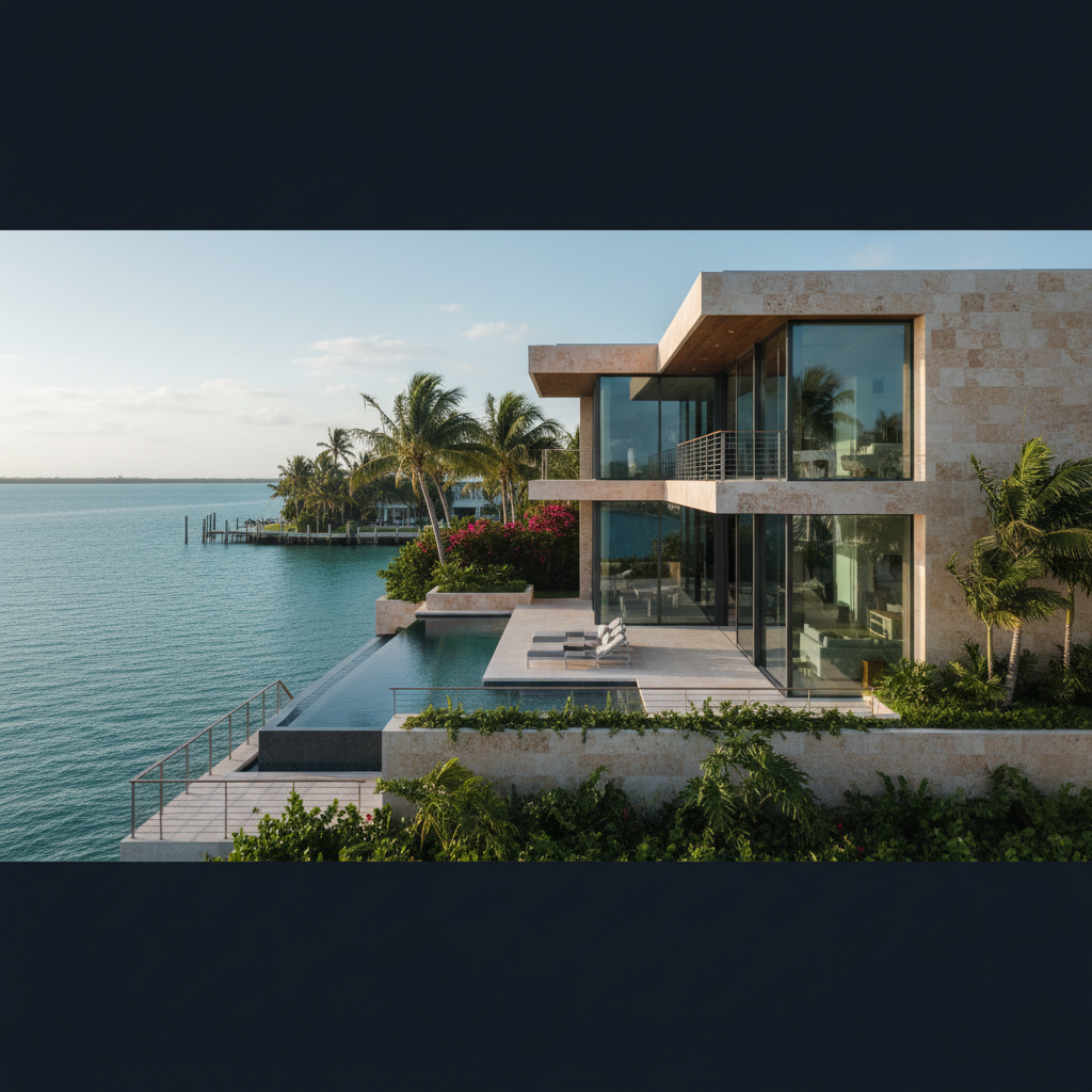 Editorial photograph of a modern waterfront architectural residence in South Florida, clean lines, coral stone facades, floor-to-ceiling glass reflecting tropical landscaping and c