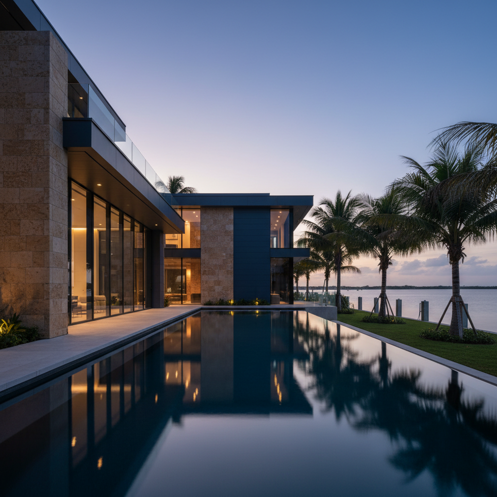 An architectural photograph of a modern waterfront luxury residence in Miami at dusk, floor-to-ceiling glass, warm interior lighting reflecting on a dark pool surface, understated