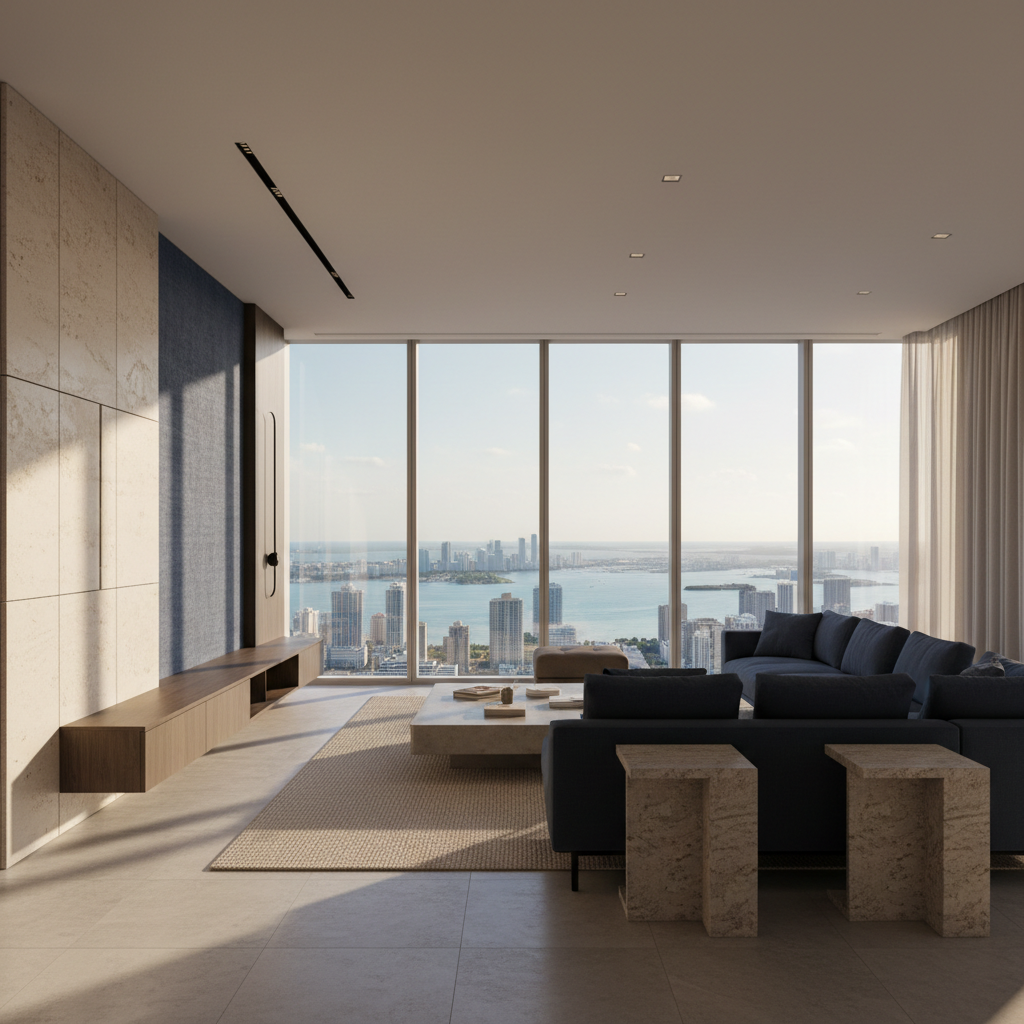 An architectural interior photograph of a modern luxury Brickell condominium living room overlooking the Miami skyline and Biscayne Bay. Soft natural afternoon daylight filtering t