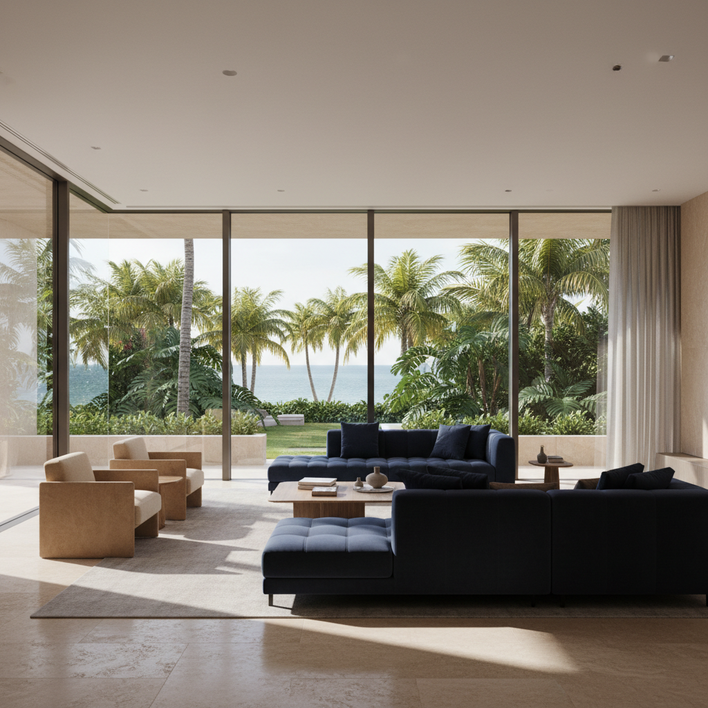 Editorial photograph of a modern luxury residential interior in Bal Harbour, Florida, featuring clean architectural lines, limestone flooring, floor-to-ceiling glass doors opening