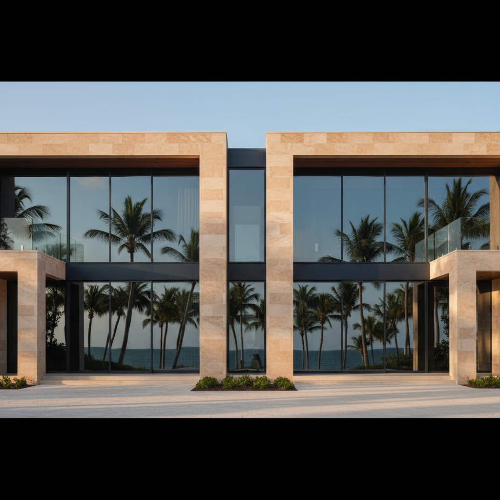 An architectural photograph of a luxury contemporary modern residential residence in Florida, featuring clean geometry, warm natural limestone, floor-to-ceiling glass windows frami