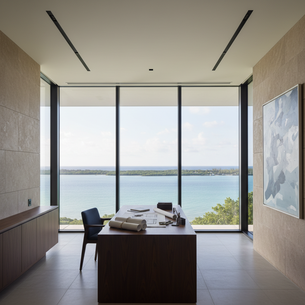 An architectural photograph of a high-end, minimalist contemporary office interior in South Florida, featuring floor-to-ceiling glass windows overlooking tranquil coastal water, a